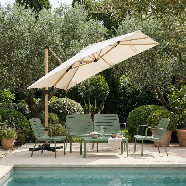 Veya - Parasol carré déporté en aluminium et effet bois 3x3m