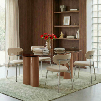 Alty - Table à manger 8 personnes en verre et pieds bois terracotta