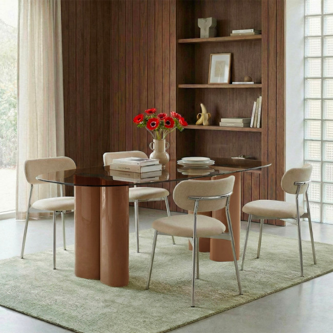 Alty - Table à manger 8 personnes en verre et pieds bois terracotta