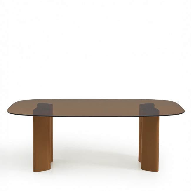 Alty - Table à manger 8 personnes en verre et pieds bois terracotta