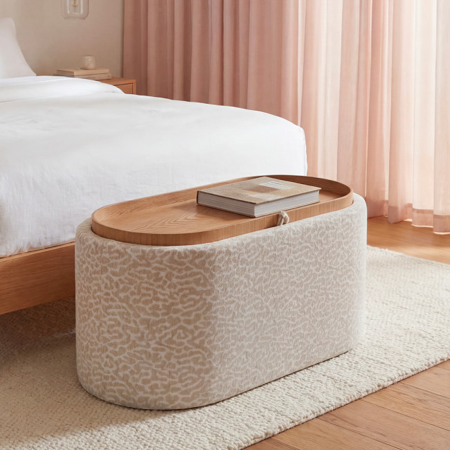 Zoé - Banc ovale imprimé animal avec plateau et rangement L77cm