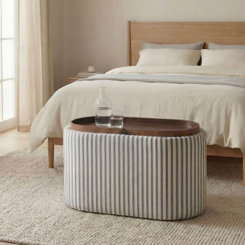 Zoé - Banc ovale en tissu avec plateau et rangement L77cm