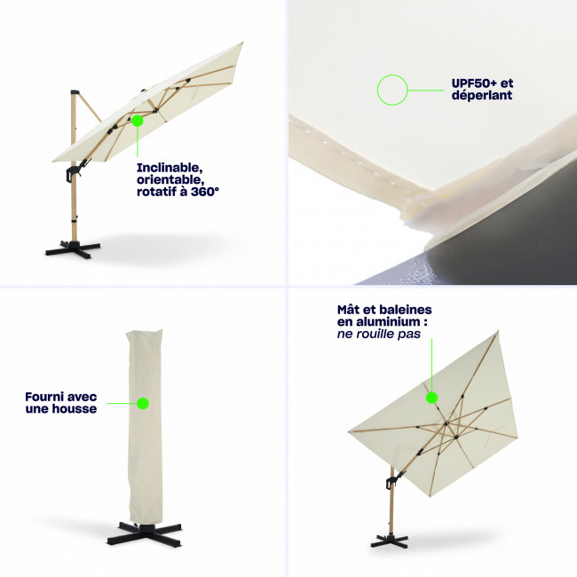 Veya - Parasol carré déporté en aluminium et effet bois 3x3m