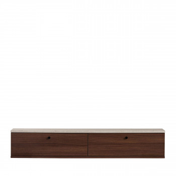 Yara - Meuble tv suspendu 2 portes en bois et effet travertin L140cm