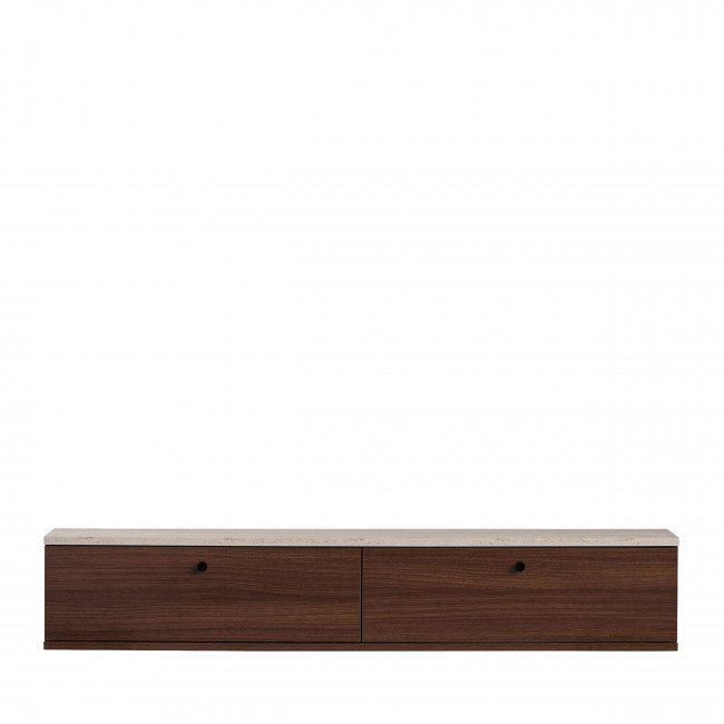 Yara - Meuble tv suspendu 2 portes en bois et effet travertin L140cm