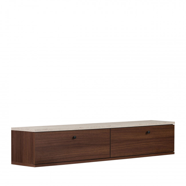 Yara - Meuble tv suspendu 2 portes en bois et effet travertin L140cm