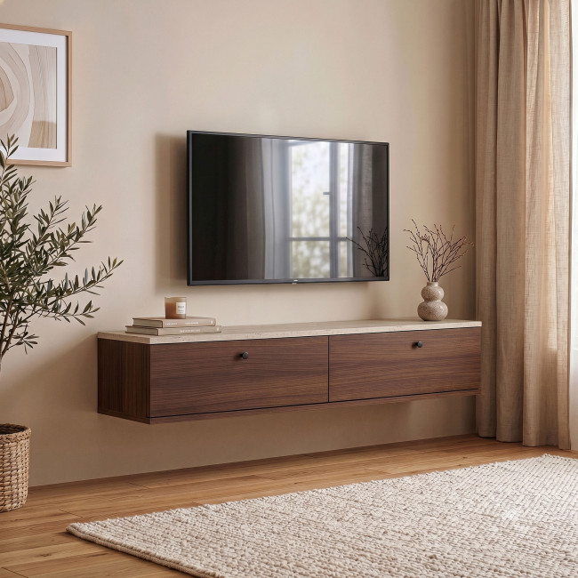 Yara - Meuble tv suspendu 2 portes en bois et effet travertin L140cm