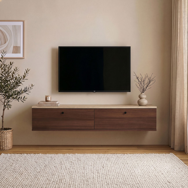 Yara - Meuble tv suspendu 2 portes en bois et effet travertin L140cm