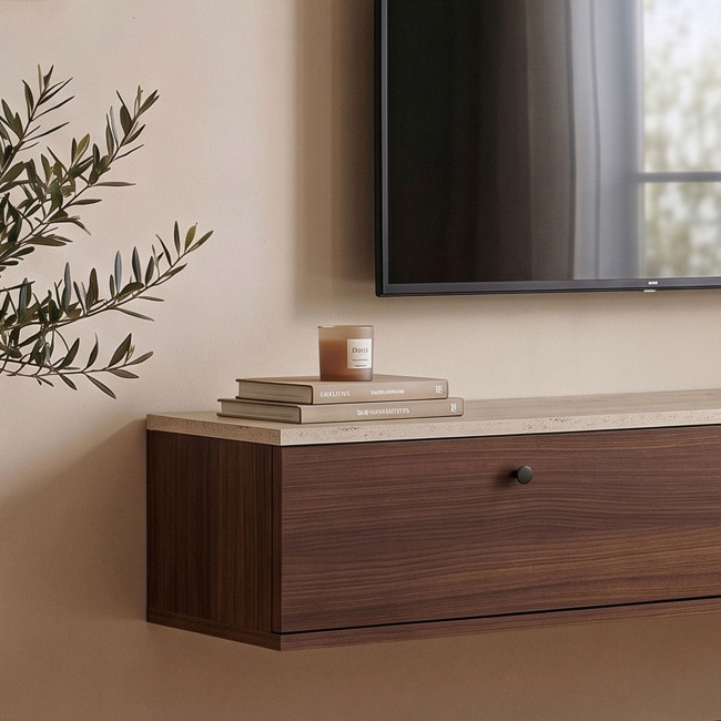 Yara - Meuble tv suspendu 2 portes en bois et effet travertin L140cm