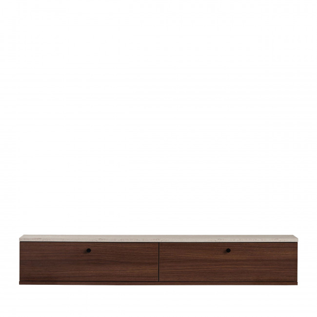 Yara - Meuble tv suspendu 2 portes en bois et effet travertin L160cm