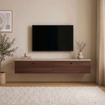 Yara - Meuble tv suspendu 2 portes en bois et effet travertin L160cm