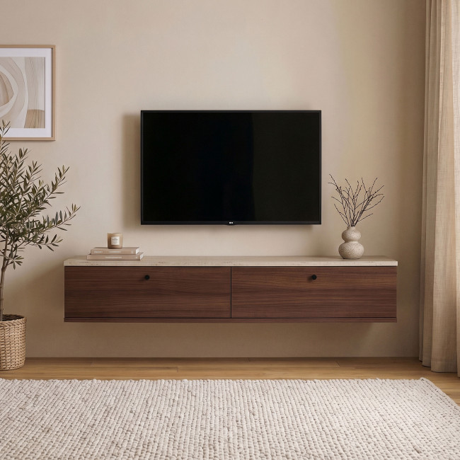 Yara - Meuble tv suspendu 2 portes en bois et effet travertin L160cm