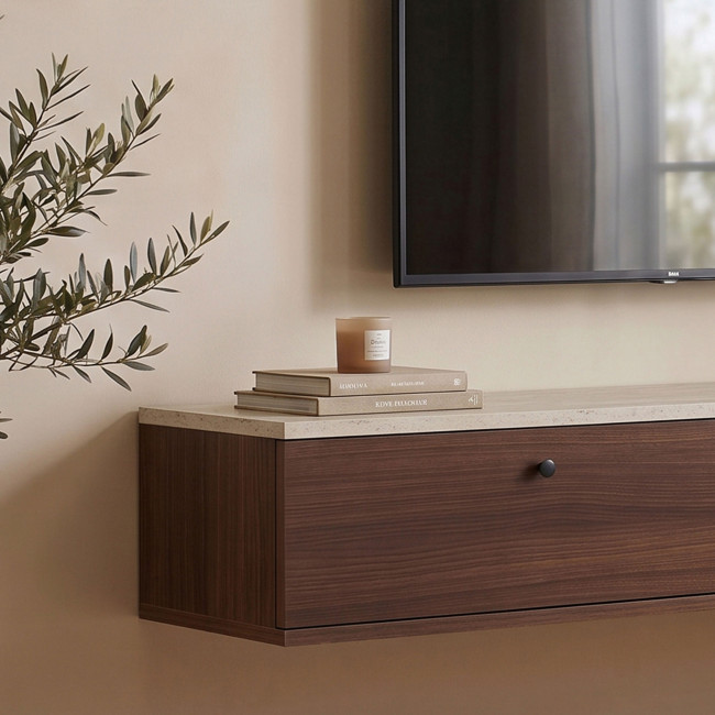Yara - Meuble tv suspendu 2 portes en bois et effet travertin L160cm