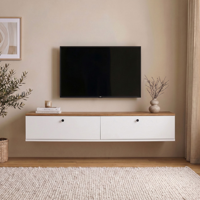Yara - Meuble tv suspendu 2 portes plateau bois foncé L160cm