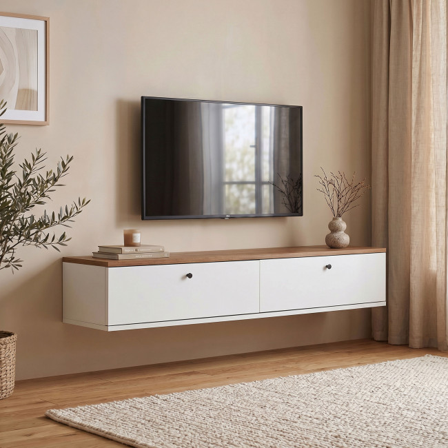 Yara - Meuble tv suspendu 2 portes plateau bois foncé L160cm
