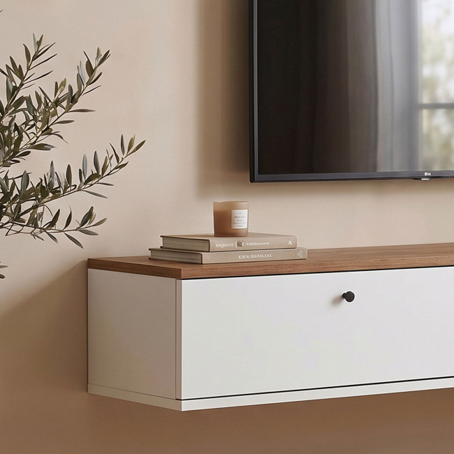 Yara - Meuble tv suspendu 2 portes plateau bois foncé L160cm