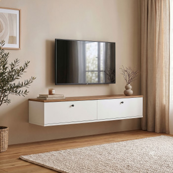 Yara - Meuble tv suspendu 2 portes plateau bois foncé L140cm