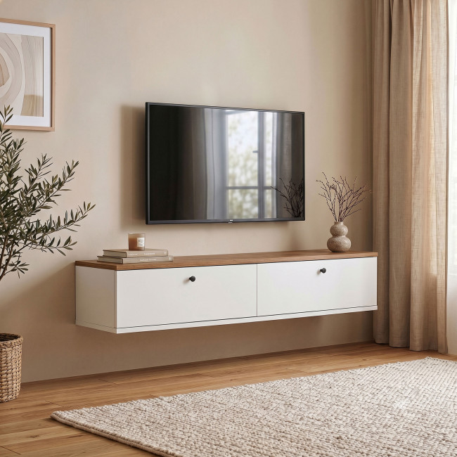 Yara - Meuble tv suspendu 2 portes plateau bois foncé L140cm