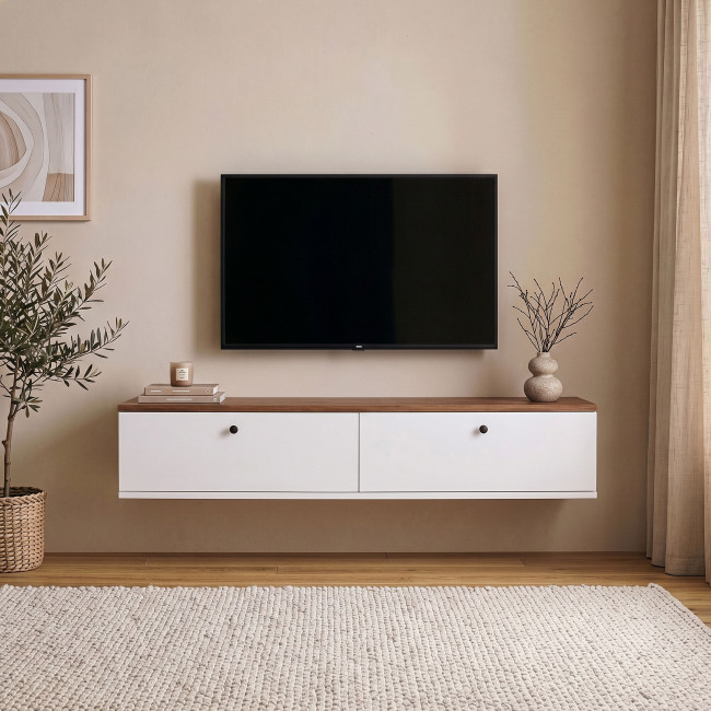 Yara - Meuble tv suspendu 2 portes plateau bois foncé L140cm