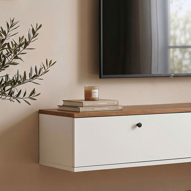 Yara - Meuble tv suspendu 2 portes plateau bois foncé L140cm