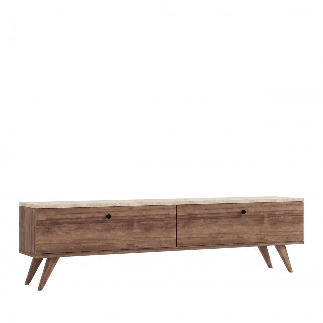 Yara - Meuble TV 2 portes plateau effet travertin et bois L160cm