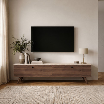 Yara - Meuble TV 2 portes plateau effet travertin et bois L160cm
