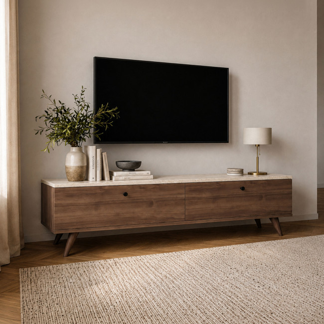 Yara - Meuble TV 2 portes plateau effet travertin et bois L160cm