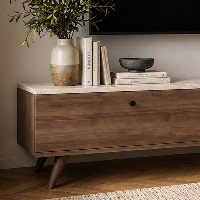 Yara - Meuble TV 2 portes plateau effet travertin et bois L160cm