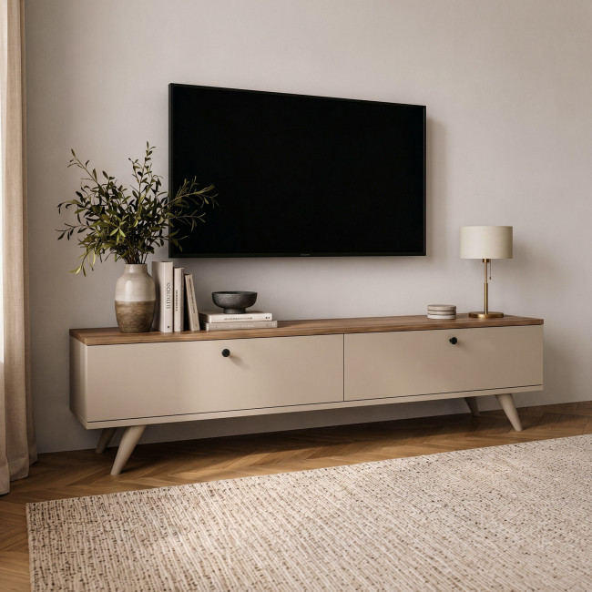 Yara - Meuble TV 2 portes plateau bois foncé L160cm