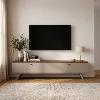 Yara - Meuble TV 2 portes plateau bois foncé L140cm