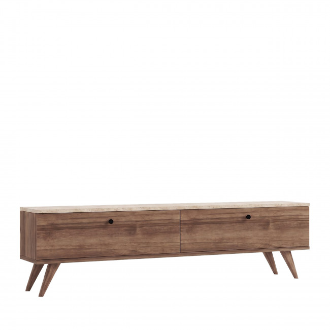 Yara - Meuble TV 2 portes plateau effet travertin et bois L140cm