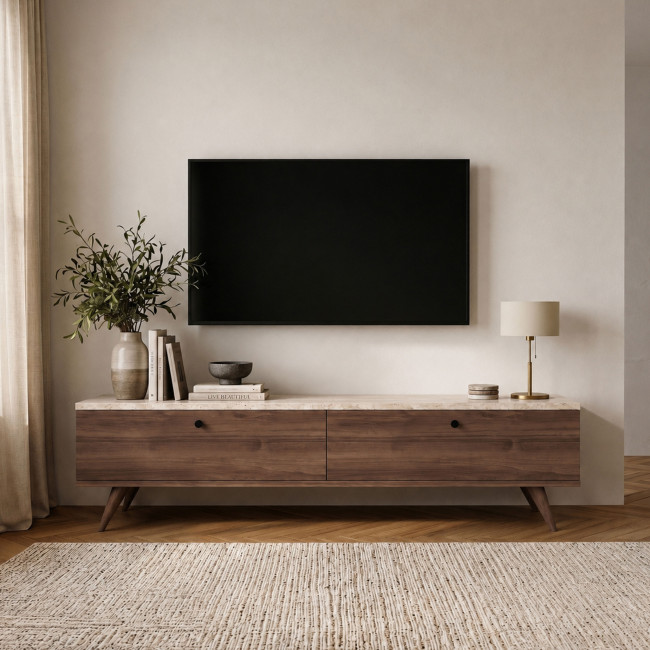 Yara - Meuble TV 2 portes plateau effet travertin et bois L140cm