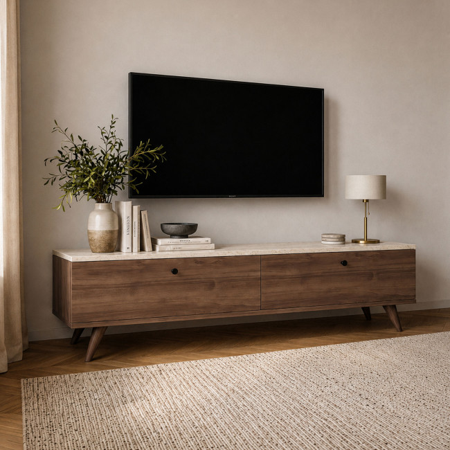 Yara - Meuble TV 2 portes plateau effet travertin et bois L140cm