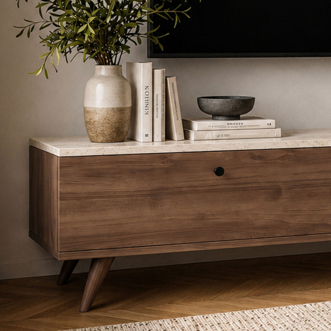 Yara - Meuble TV 2 portes plateau effet travertin et bois L140cm
