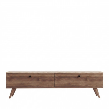Yara - Meuble TV 2 portes plateau effet travertin et bois L160cm