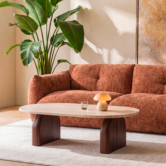 LIPALI Table basse effet travertin et bois 100x60cm