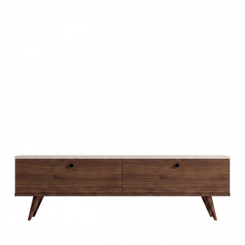 Yara - Meuble TV 2 portes plateau effet travertin et bois L160cm