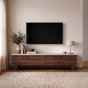 Yara - Meuble TV 2 portes plateau effet travertin et bois L160cm