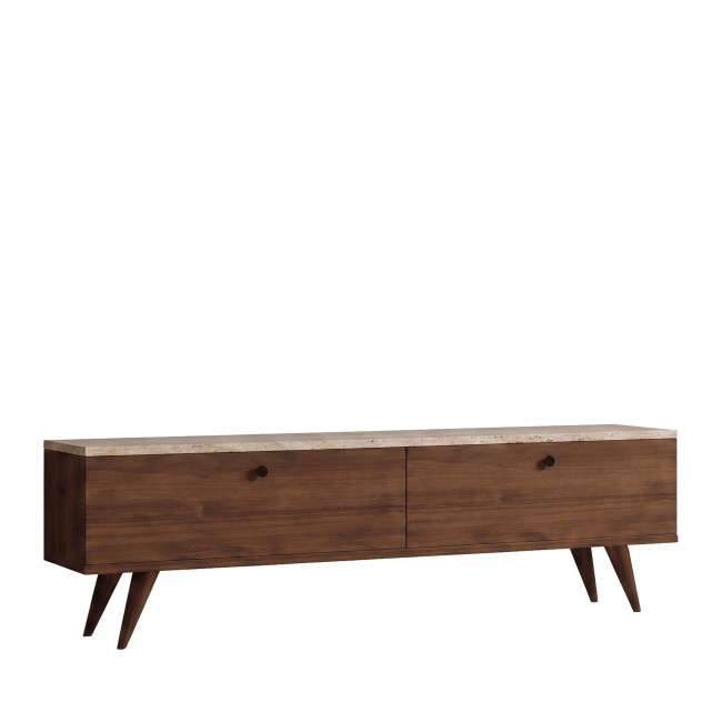 Yara - Meuble TV 2 portes plateau effet travertin et bois L140cm