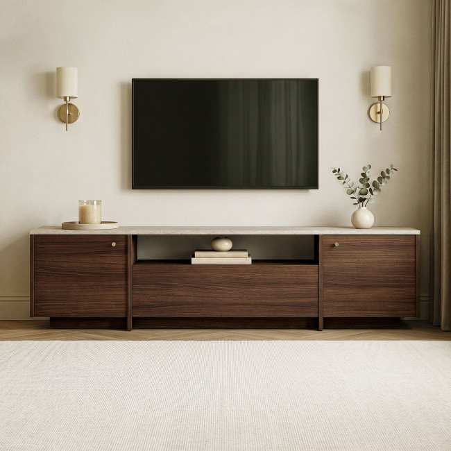 Hopa - Meuble tv 3 portes plateau effet travertin et bois L180cm