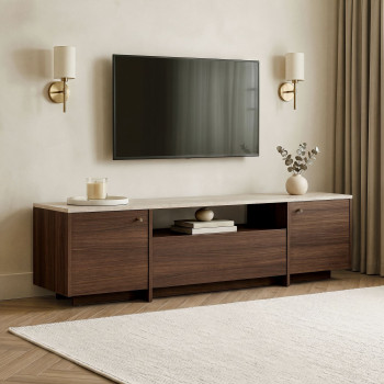 Hopa - Meuble tv 3 portes plateau effet travertin et bois L180cm