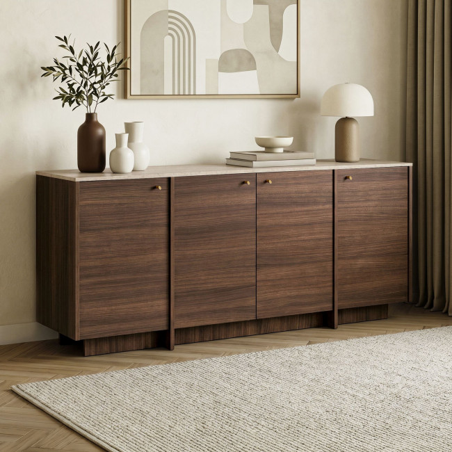 Hopa - Buffet 4 portes plateau effet travertin et bois L180cm