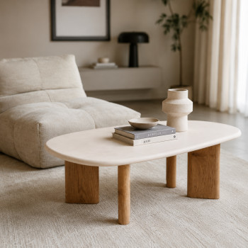 Sylina - Table basse organique effet béton et bois L130cm