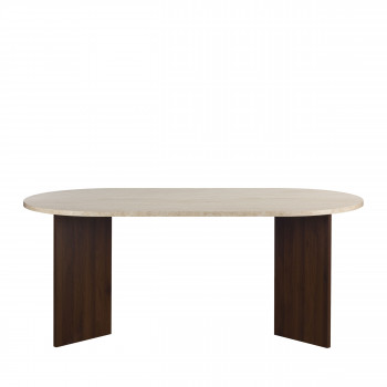 Calian - Table à manger 8 personnes ovale en bois et effet travertin 