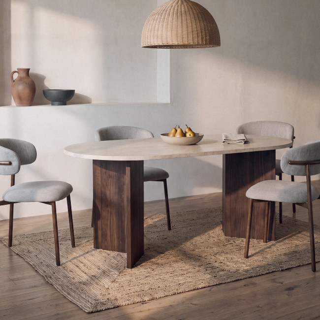 Calian - Table à manger 8 personnes ovale en bois et effet travertin 