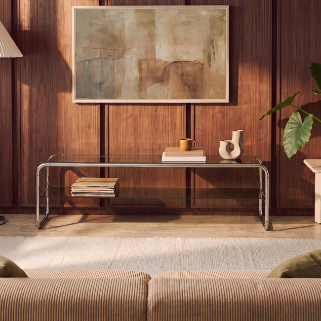 Delio - Meuble TV en verre et pieds chrome L 160 cm