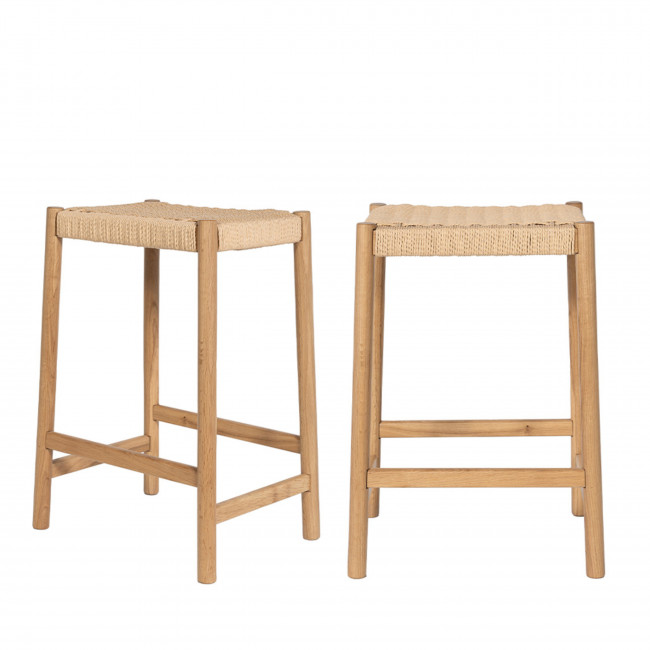 Paolo - Lot de 2 tabourets de bar en corde tressée et bois H 65 cm 