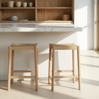 Paolo - Lot de 2 tabourets de bar en corde tressée et bois H 65 cm 