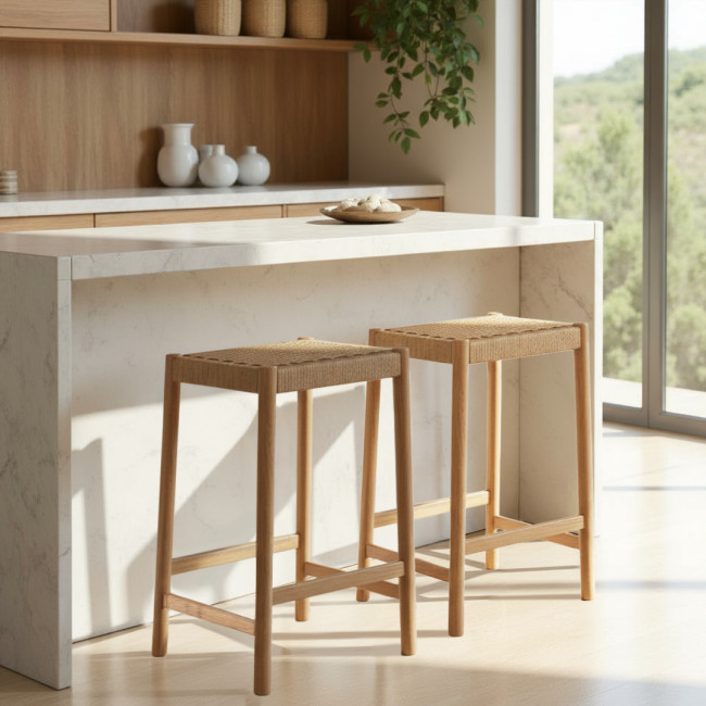 Paolo - Lot de 2 tabourets de bar en corde tressée et bois H 65 cm 