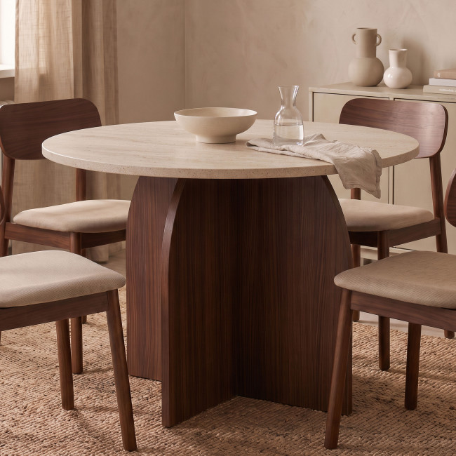 Ferdy - Table à manger 4 personnes ronde en bois et effet travertin 